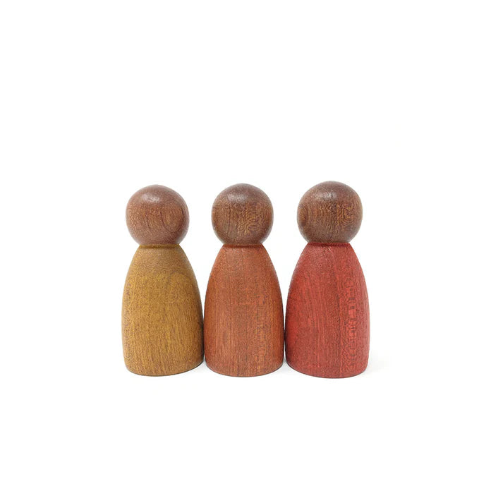 grapat dark wood peg people nins wearing warm colors