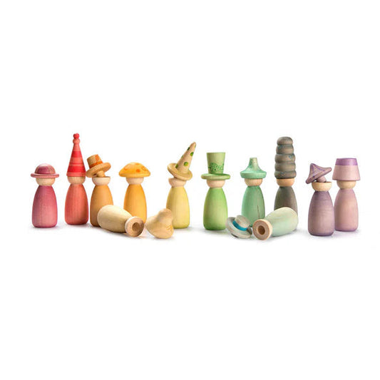 grapat fancy nins hand-stained wooden peg dolls with interchangeable hats