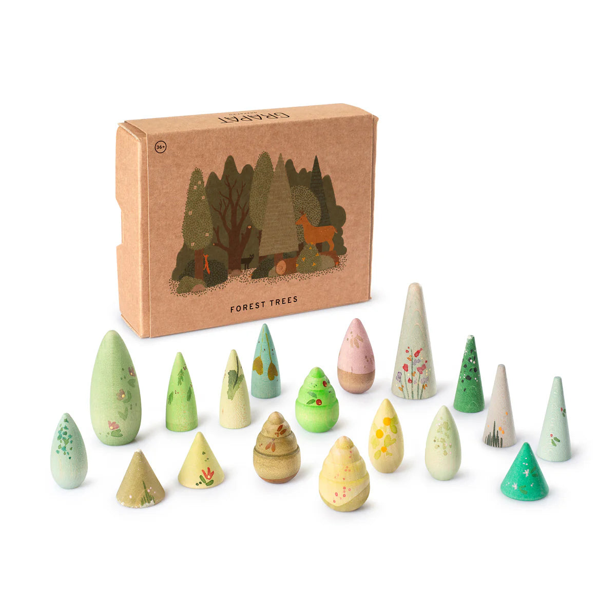 grapat wooden toy trees playset, colorfully hand-painted with box