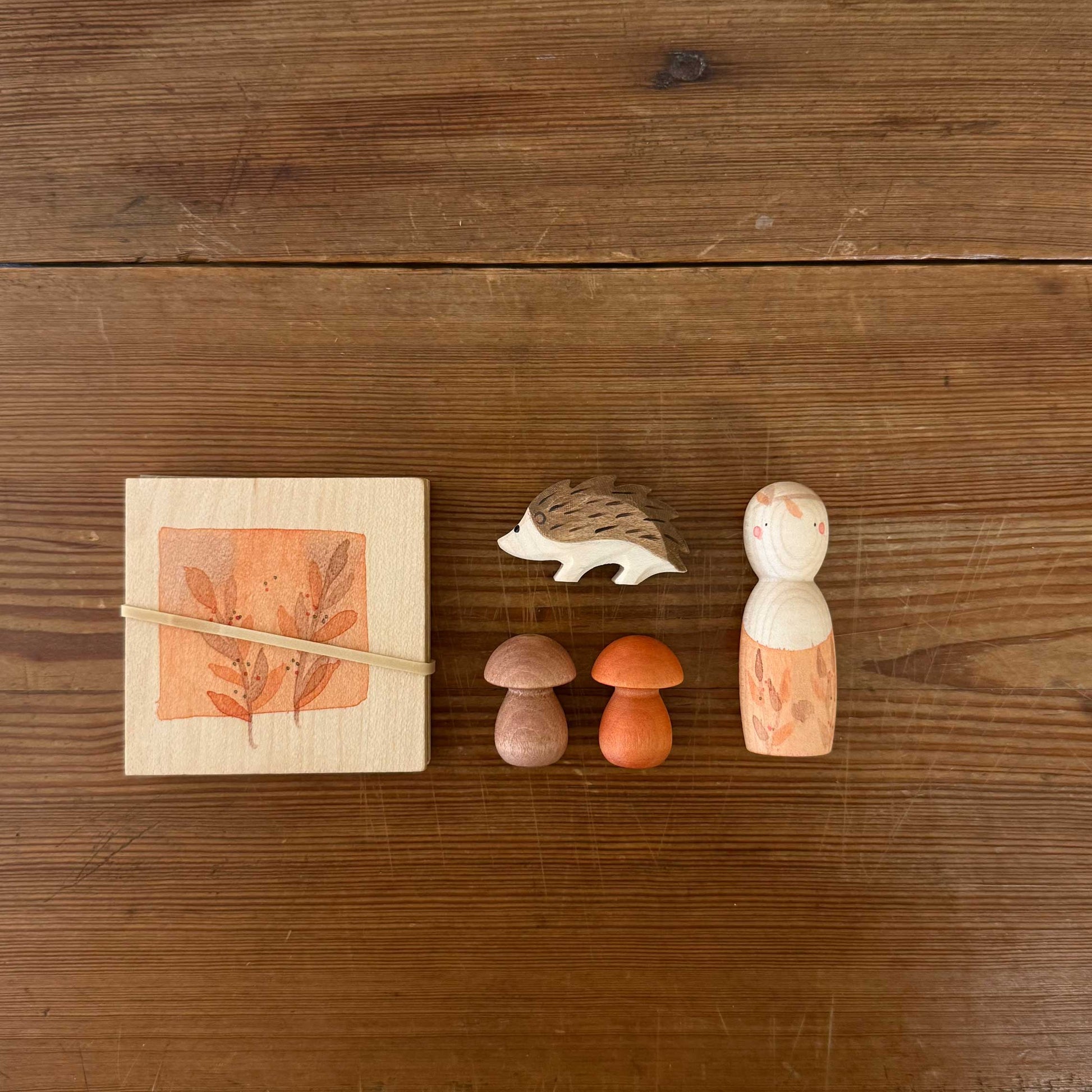 grapat ostheimer hello autumn wooden toy set with nin peg doll, hedgehog, mushrooms, flower press with rubber band
