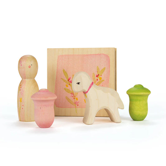 grapat and ostheimer hellos spring boxed set of wooden toy nin, lamb, acorns, and flower press in pastel pinks and green