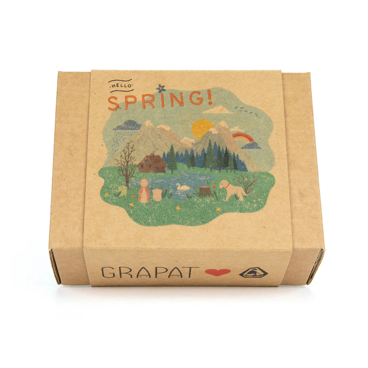 Grapat Hello Spring box with a painted scene of a pink peg doll nin and a lamb near a lake cabin