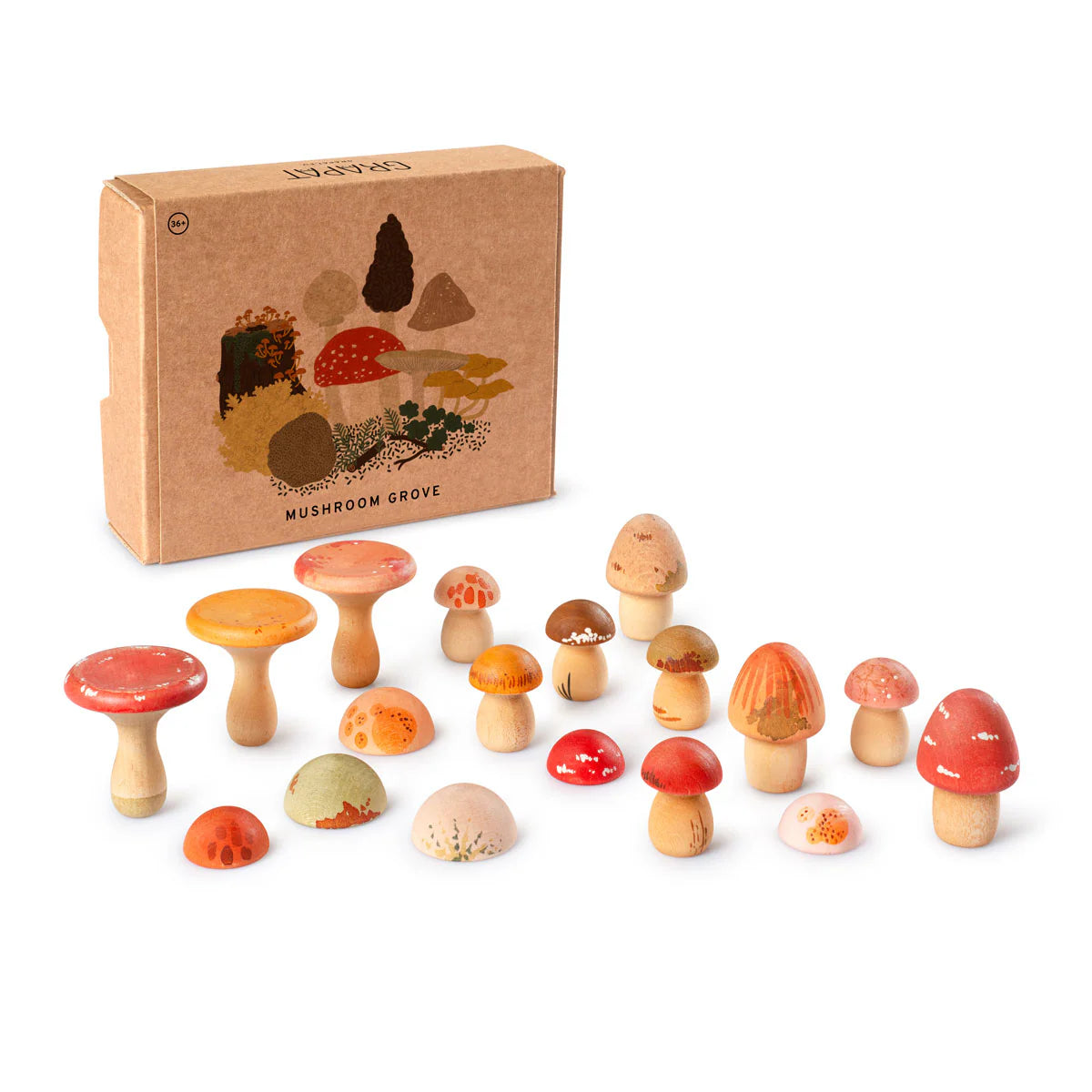 grapat wooden mushroom play set with 18 mushrooms of different colors and sizes