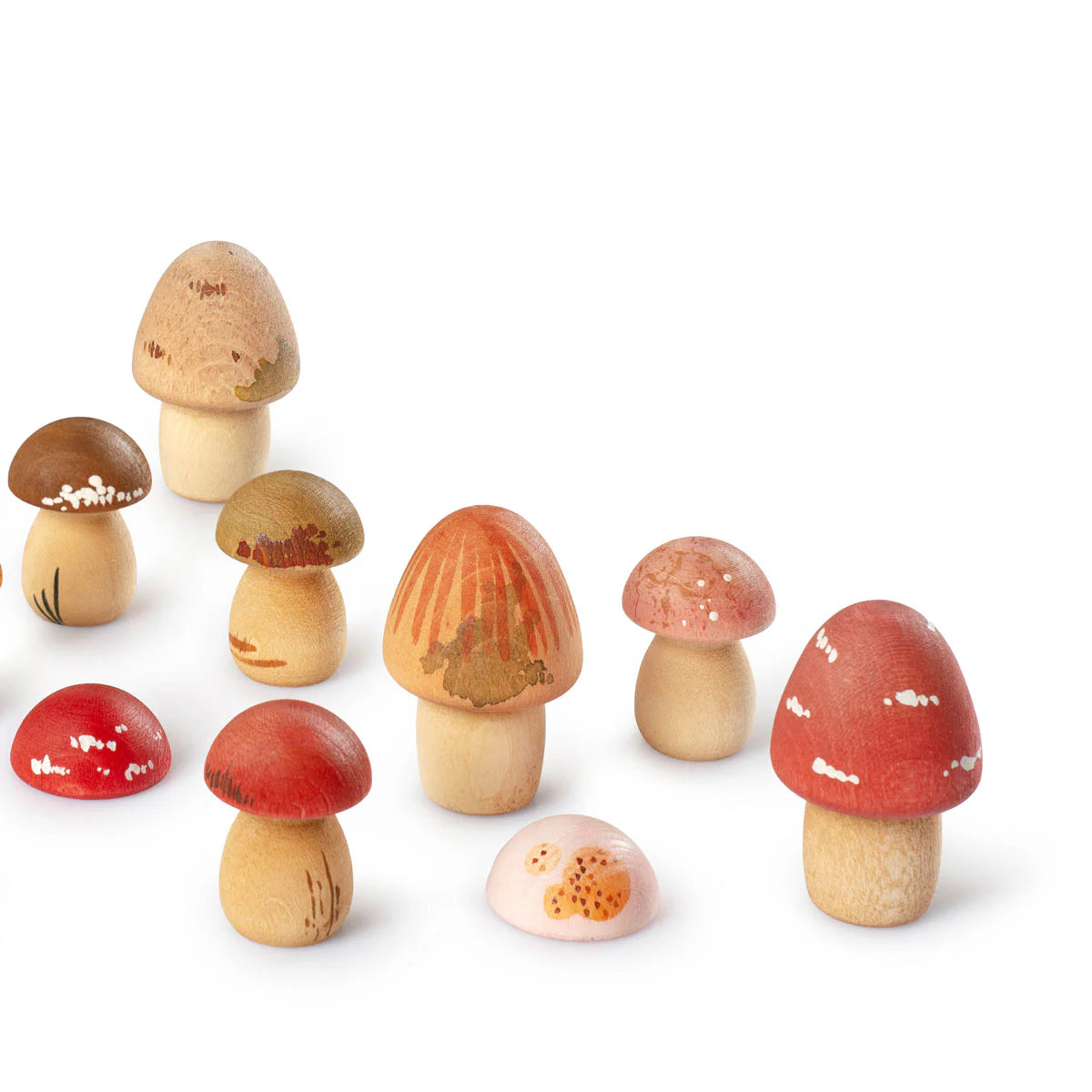 Grapat wooden mushrooms in different colors and sizes