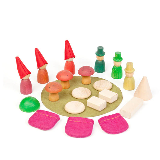grapat nins of the woods play set with wooden  gnome peg dolls, mushrooms, and trees. 