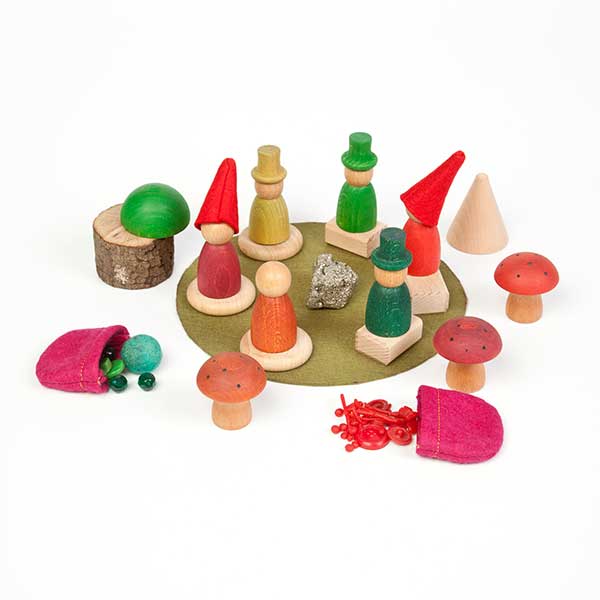 grapat wooden nins in the woods play set with peg people, mushrooms, felt sacks and shapes