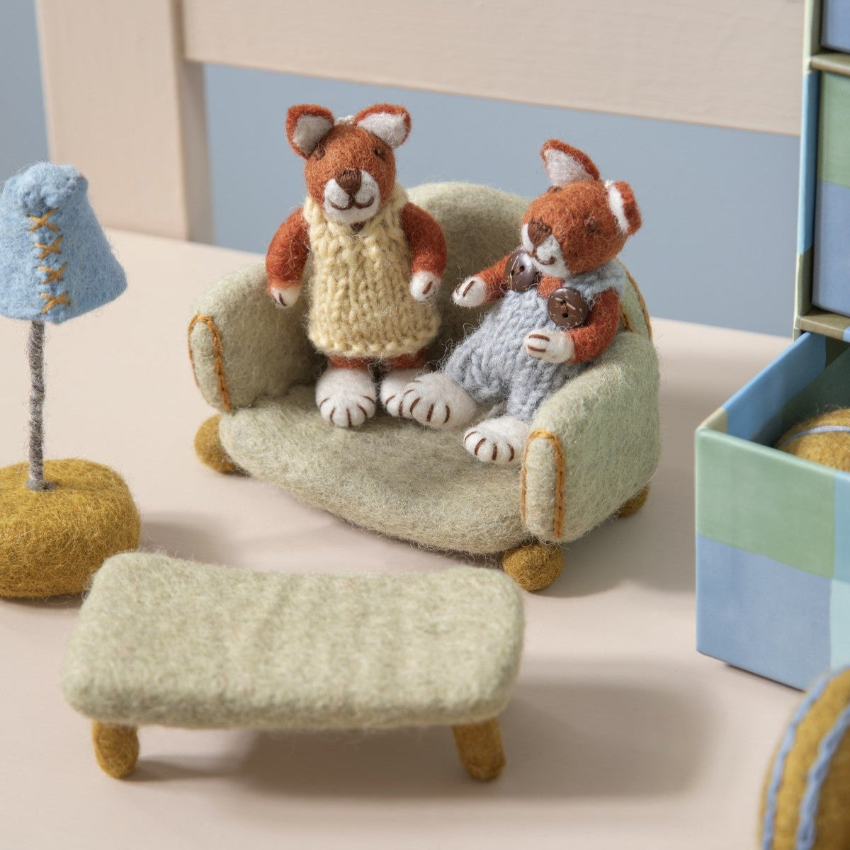 gry and sif felt fox toys with dollhouse sofa and coffee table