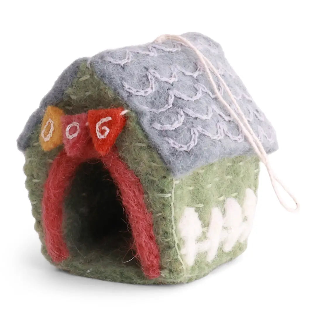 Felted miniature to doghouse for dollhouse play with a banner across the front that reads: dog