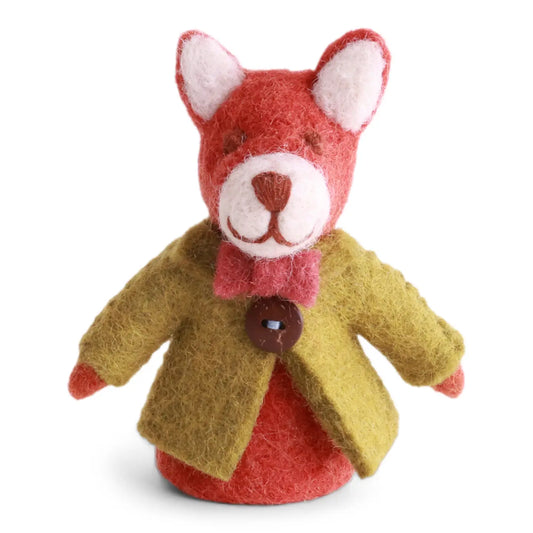 Felted fox finger puppet toy wearing a coat and bowtie