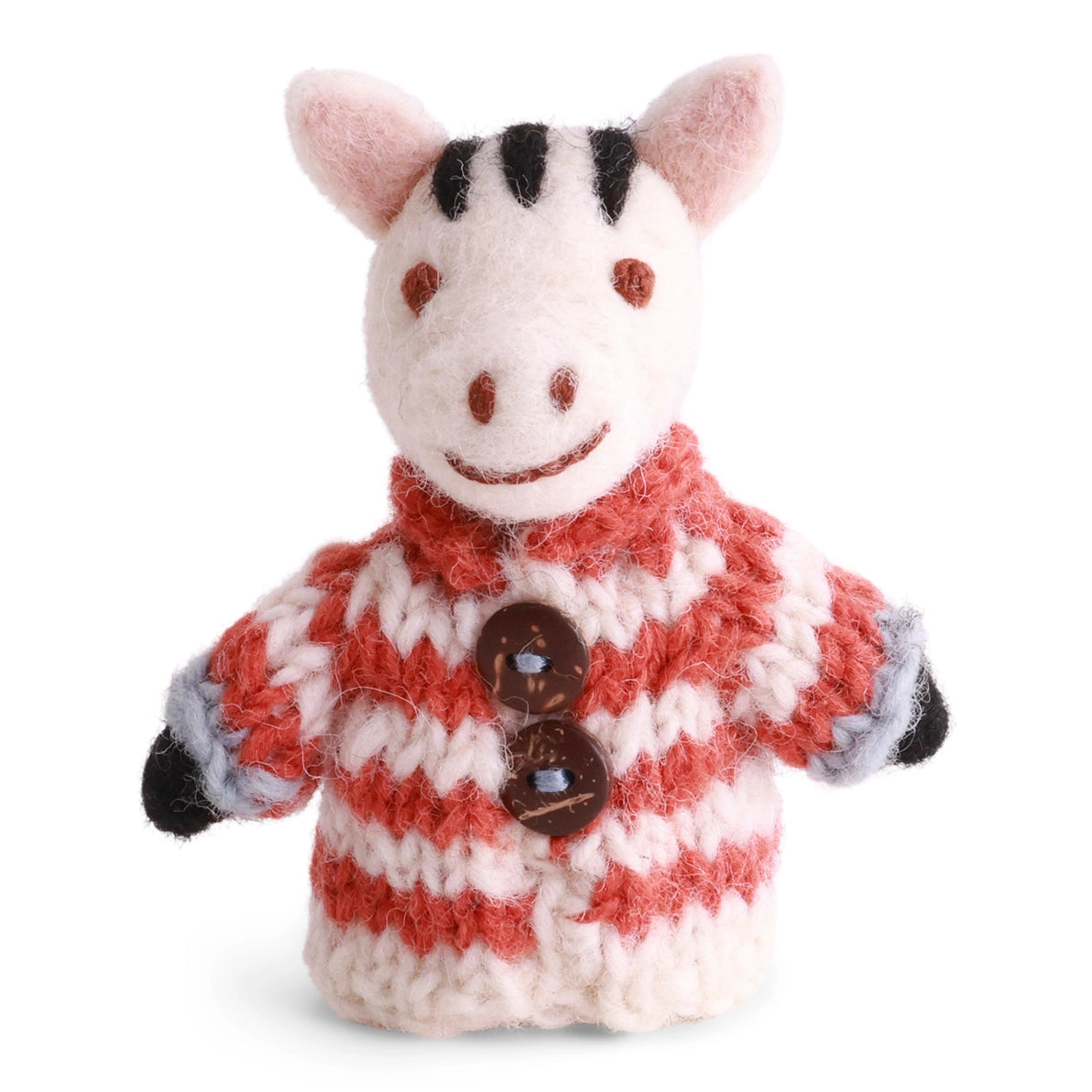 A hand-felted Zebra finger puppet toy in a cozy knitted striped sweater with buttons. 