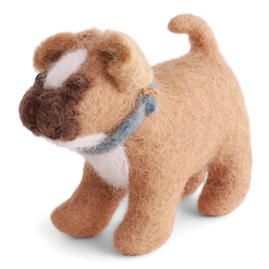 Felted brown miniature toy French bulldog dog with a blue collar