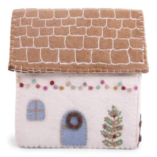Handmade Felt Toy Christmas Cottage Dollhouse with string light garland, an embroidered Christmas tree, and a wreath on the door. 
