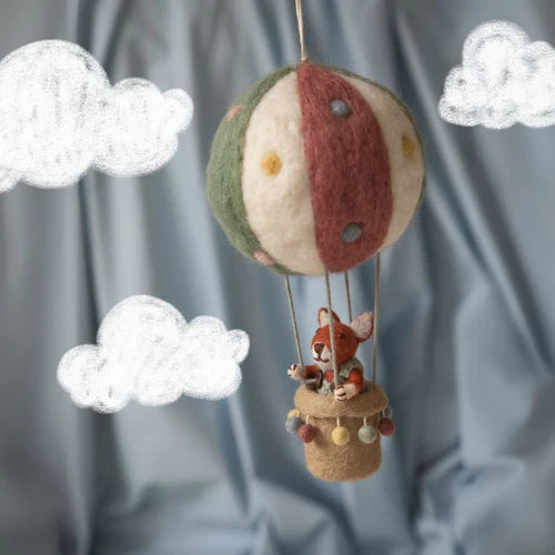 gry & sif felt fox in the basket of a hot air balloon decorative mobile