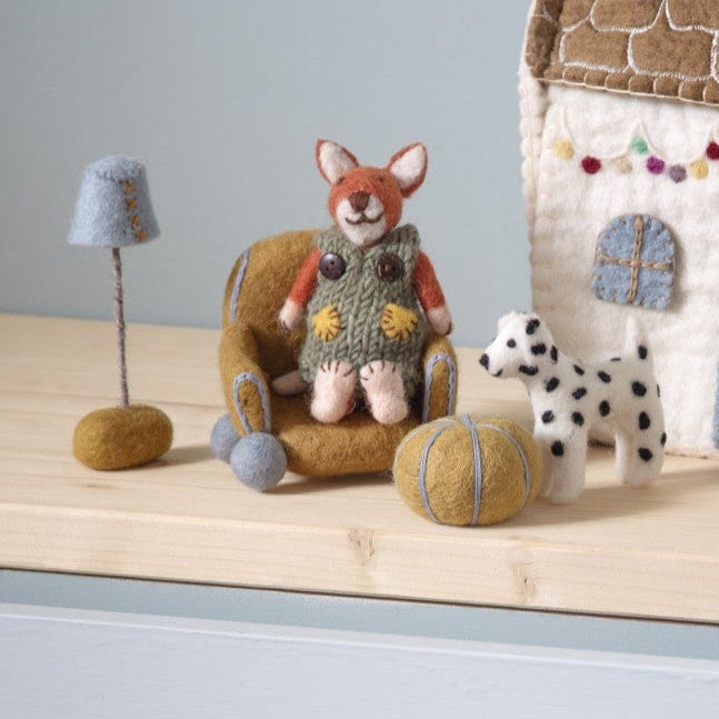 gry & sif felt dollhouse, furniture, fox, and dalmation