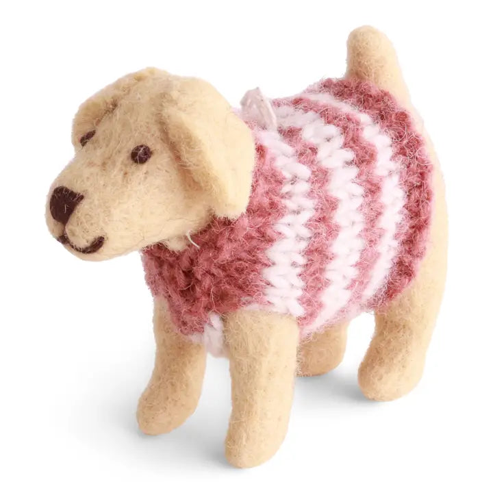 felted miniature toy Labrador dog wearing a knitted pink and white striped sweater 