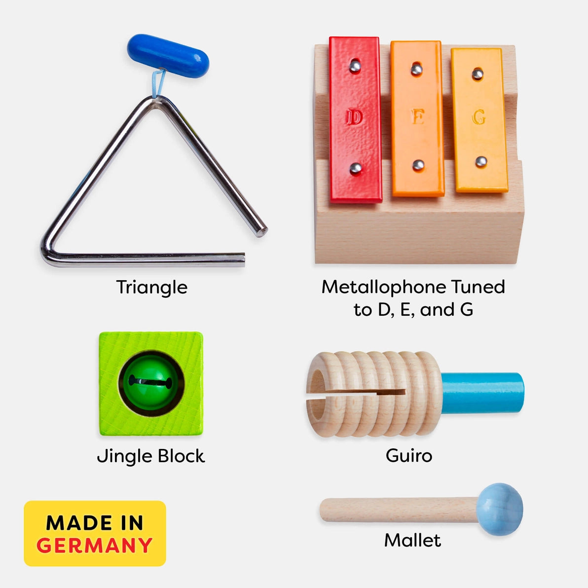 Haba musical instrument playset made in Germany with triangle, metallophone, jingle block, guiro, mallet