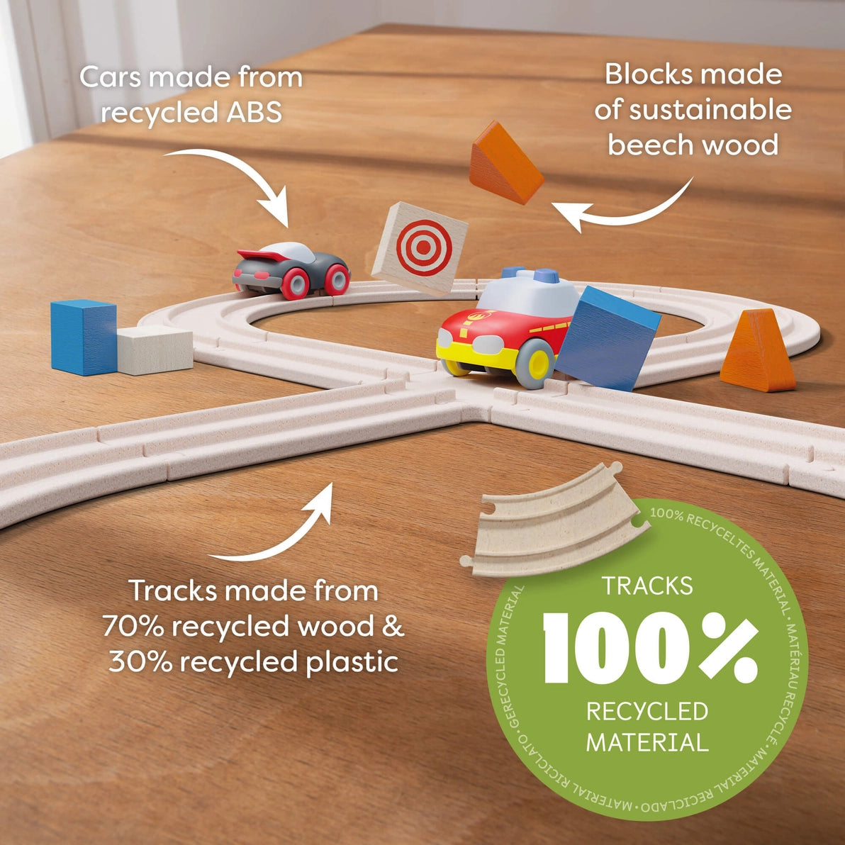 Haba cars wooden race track set made of sustainable and recycled wood and plastic