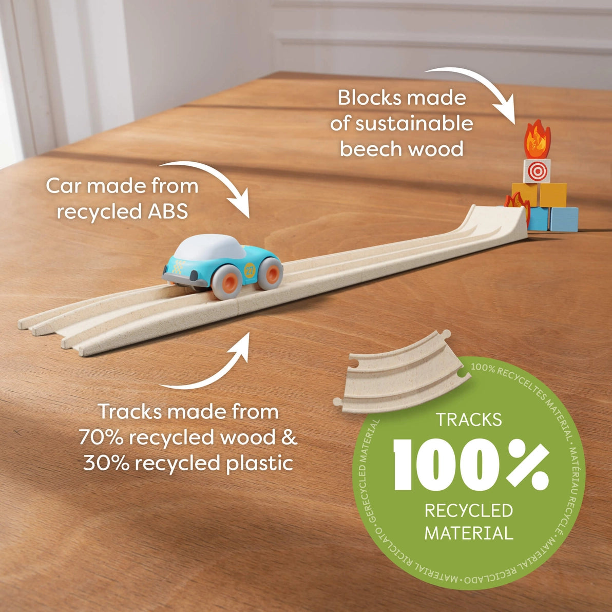 haba stunt jump car on a wooden track made from 100% recycled materials