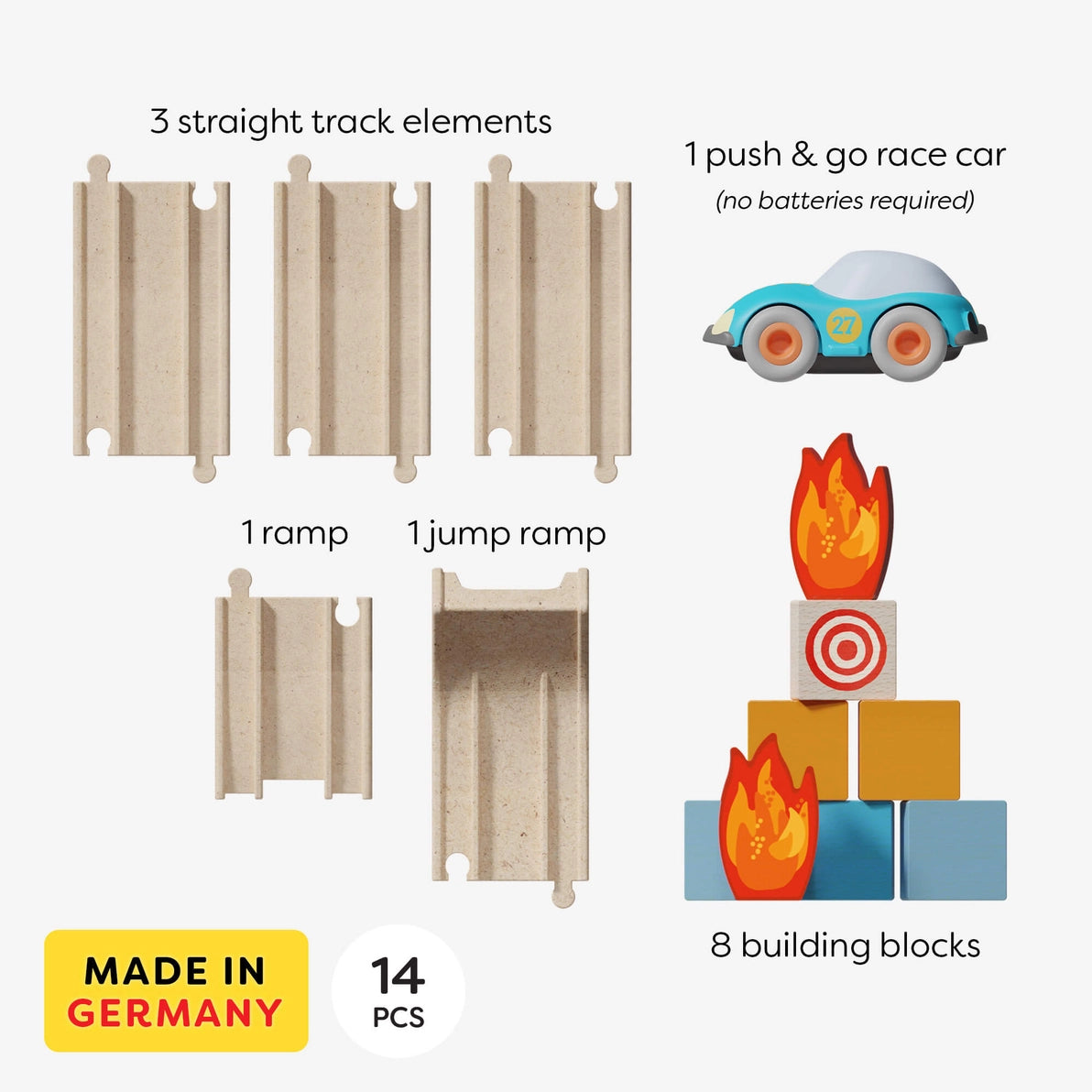 Haba track, cars and blocks included in the Stunt Jump play set