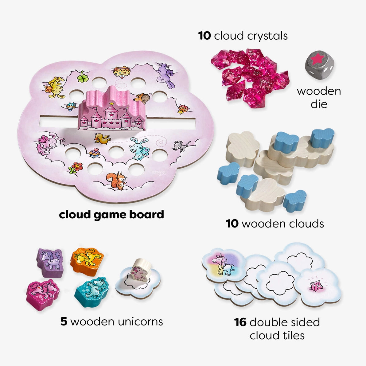 Haba Boardgame Unicorn Glitterluck contents including game board and playing pieces