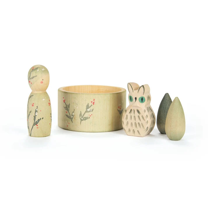 Grapat and Ostheimer Limited Edition set of wooden toys including a nin, bowl, owl, and snowflake mandalas