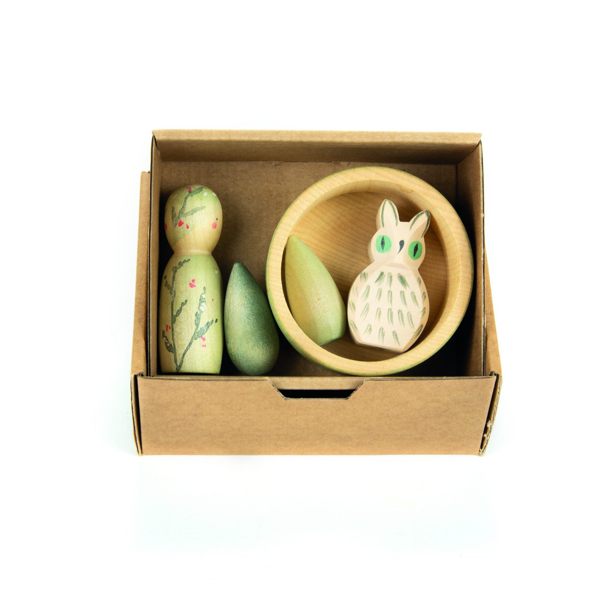 Grapat and Ostheimer Limited Edition set of wooden toys in a box including a nin, bowl, owl, and snowflake mandalas