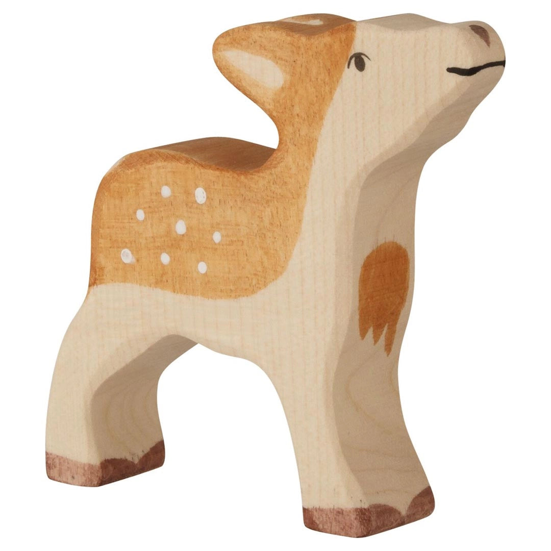 Holztiger Wooden carved fawn figurine with brown and beige colors and spots