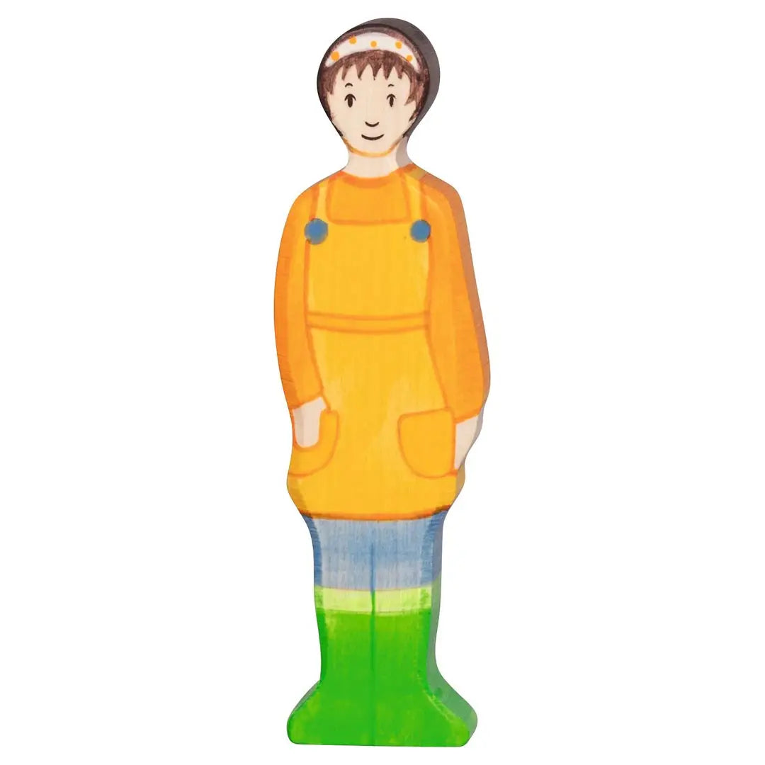 Holztiger handcrafted, hand-painted wooden female farmer toy figure. 