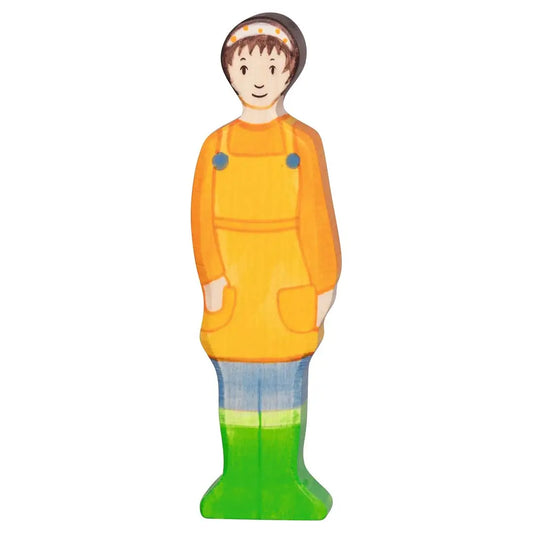 Holztiger handcrafted, hand-painted wooden female farmer toy figure. 