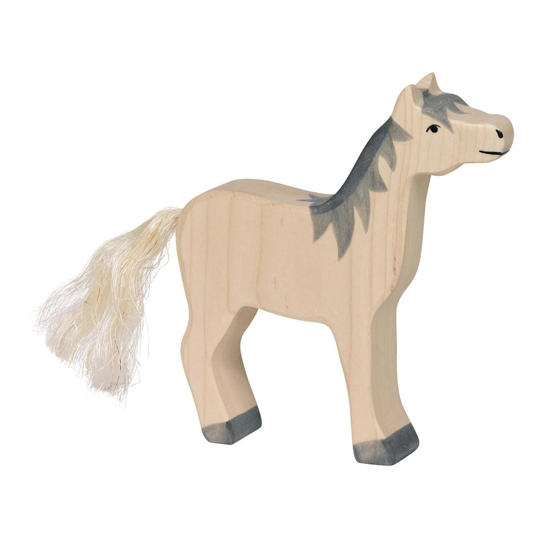 Holztiger handcrafted wooden toy horse with a natural light wood body, gray painted mane and hooves.