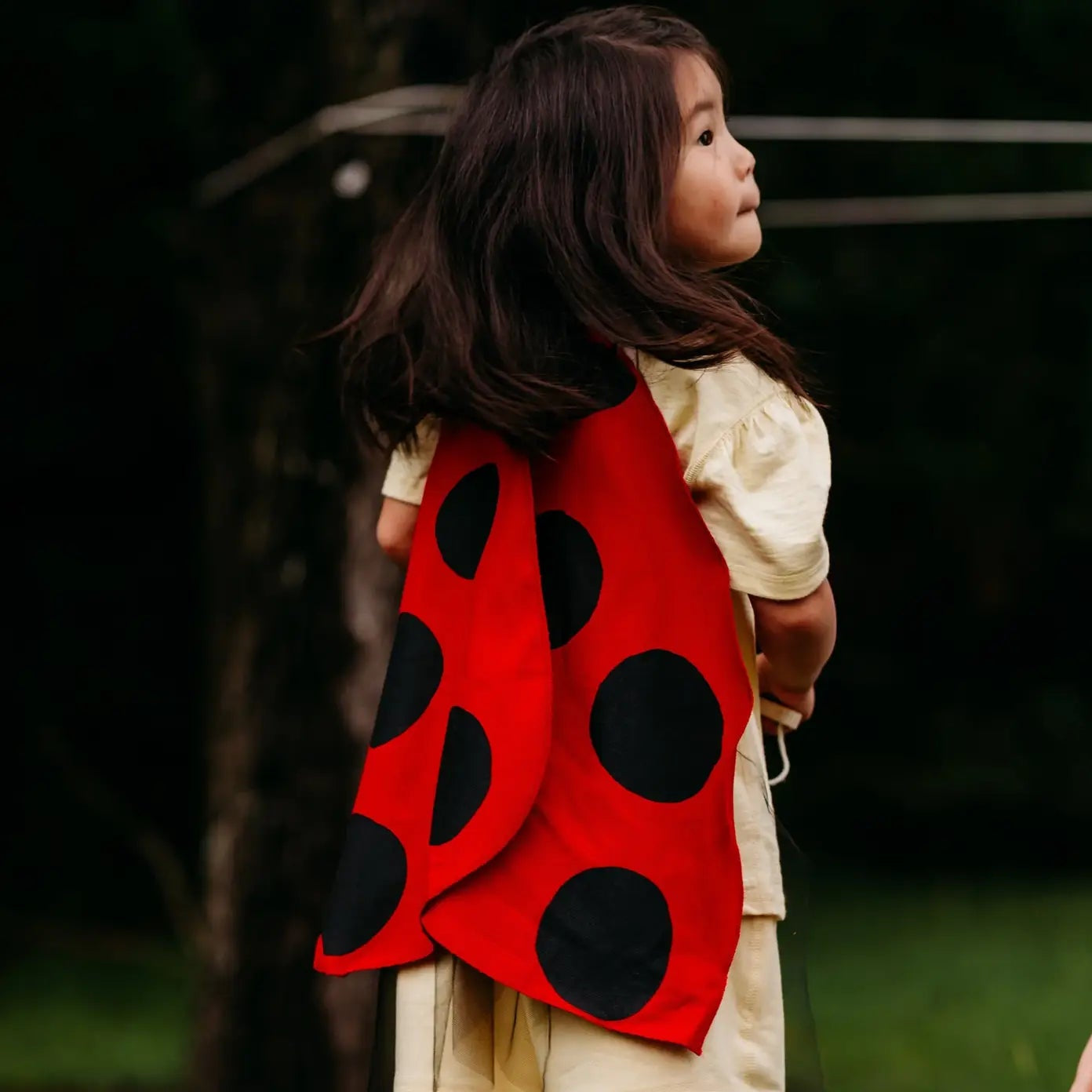 Child wearing ladybug costume wings