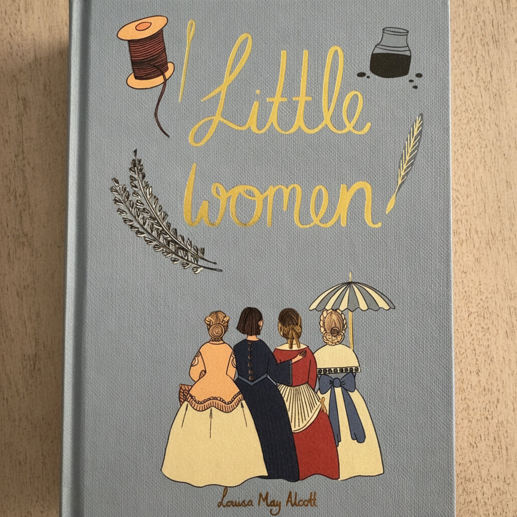  'Little Women' hardcover collector's edition book with illustrations of four sisters and a spool of thread