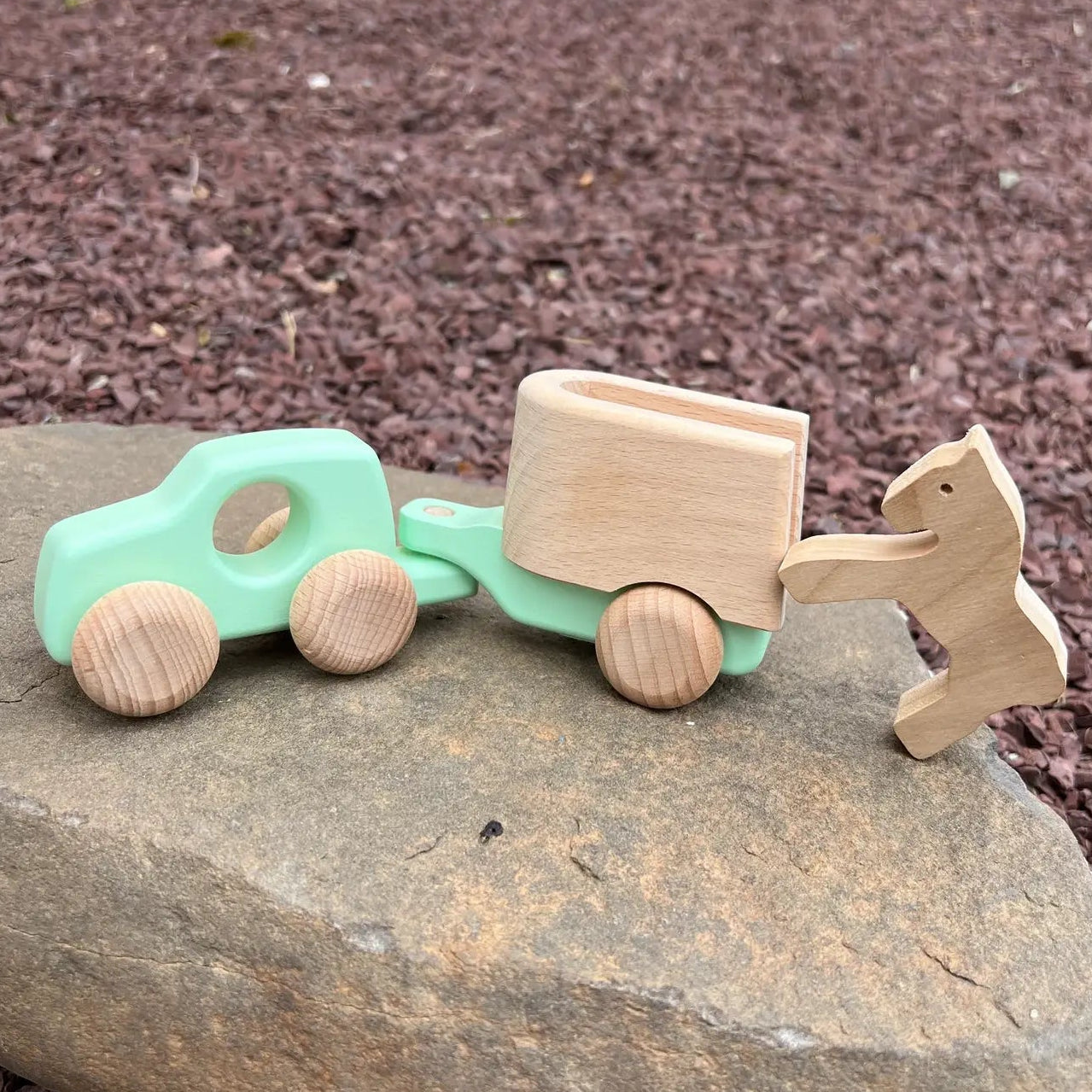bajo wooden toy car and horse set 