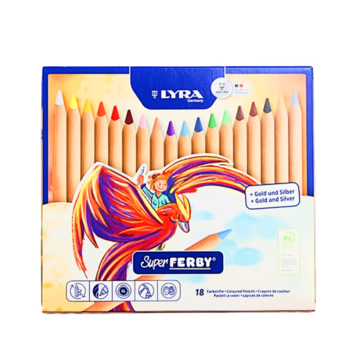 Box of 18 Lyra Super Ferby colored pencils with a colorful design