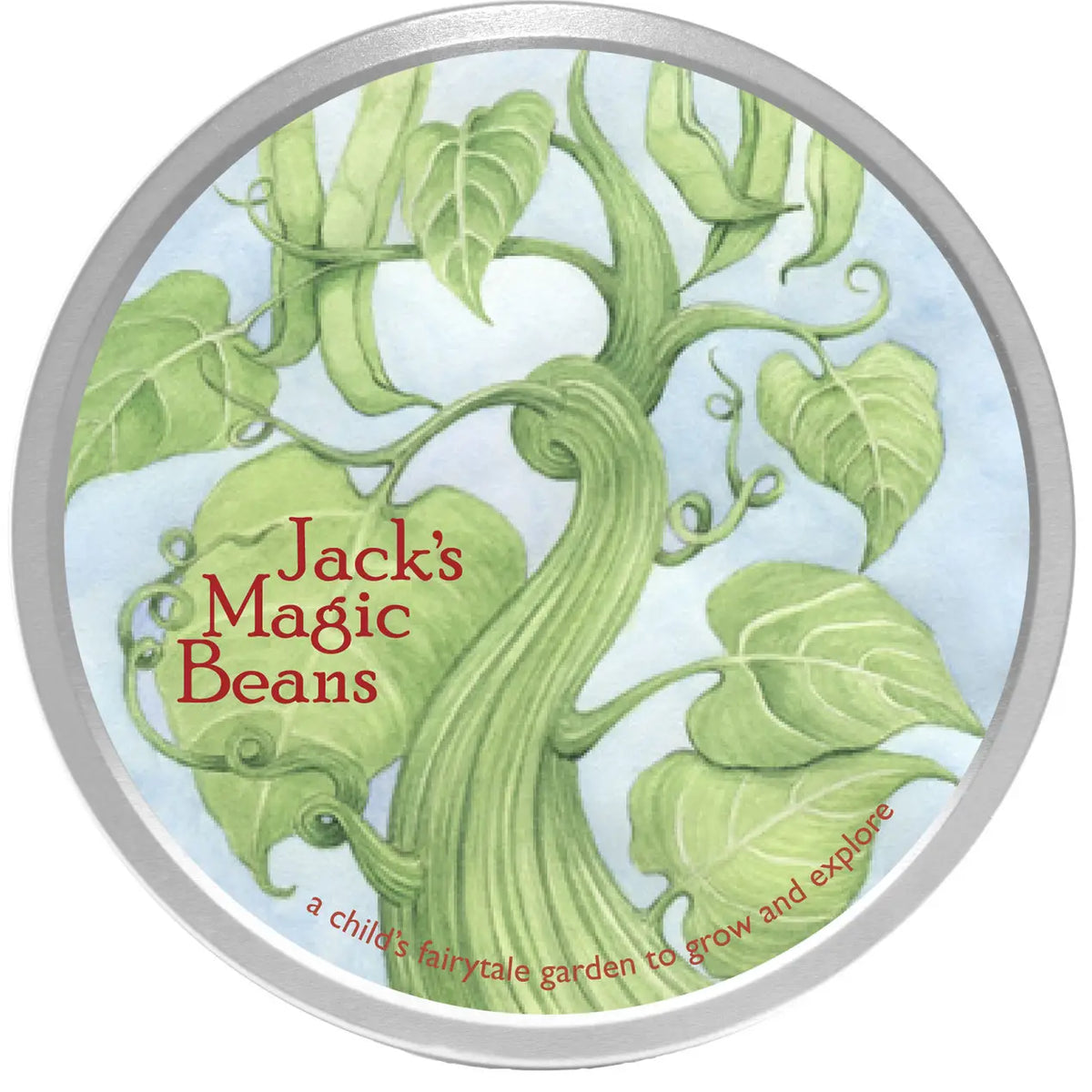 Potting Shed Creations Jack's Magic Beans seed growing gardening kit for kids with an illustrated beanstalk on the tin container. 