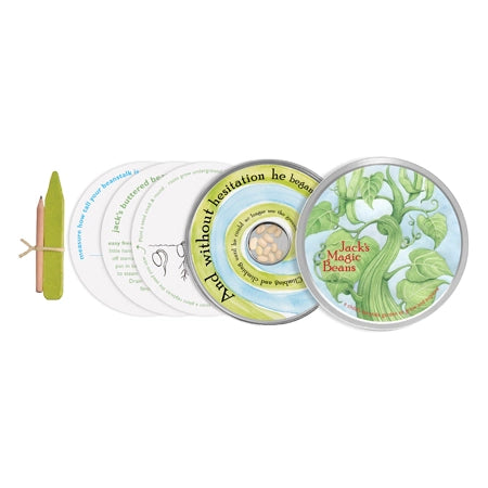 A children's gardening activity kit featuring green bean seeds, a pencil,  printed instructions, and a round tin labeled 'Jack's Magic Beans' with an illustrated beanstalk. 