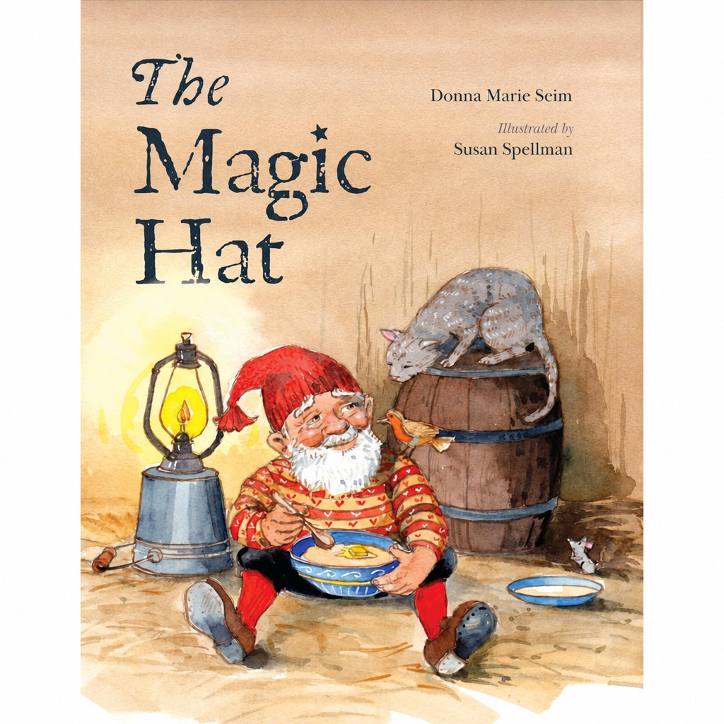 'The Magic Hat' children's picture book by Donna Maric Seim, featuring  a gnome sitting by a lantern, with a gray cat on a barrel in the background.