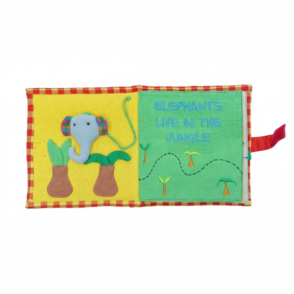 Handmade Cloth Educational  Baby Book Save the Elephants with stitched illustrations