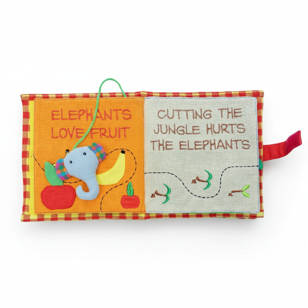 Handmade cloth Save the Elephants baby book with stitched illustrations and stuffed elephant bookmark