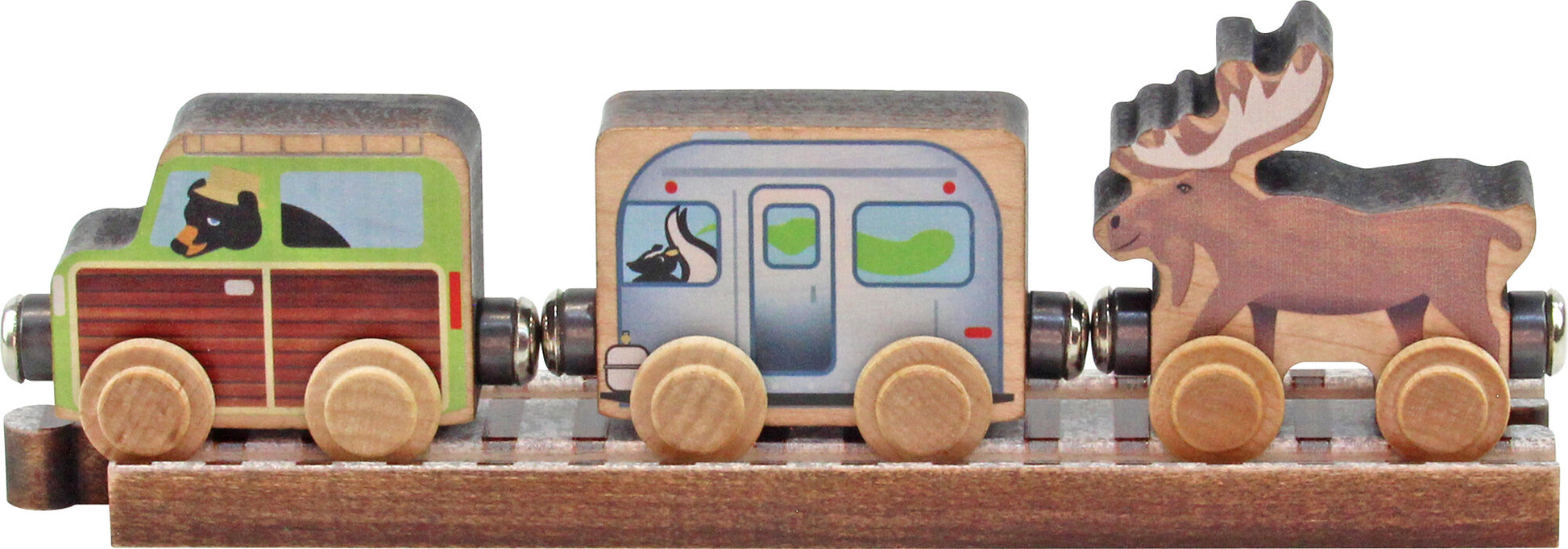 Wooden toy train set with a camper van, trailer and moose train cars. 
