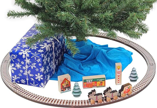 maple landmark wooden toy holiday train set with santa's sleigh and reindeer circling a christmas tree