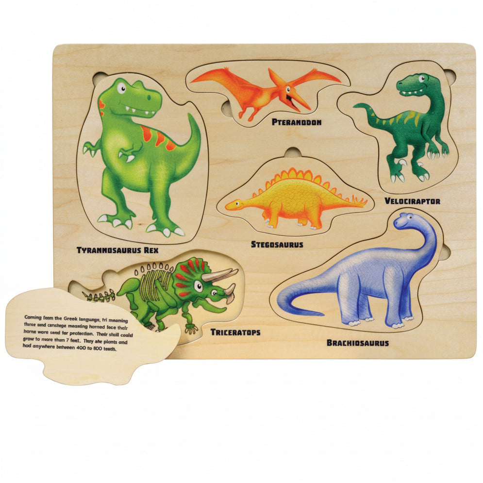 A wooden dinosaur puzzle board with six colorful dinosaurs and their bones under each piece. 