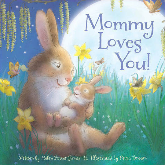 'Mommy Loves You!' children's book with mother and baby bunnies in a garden setting.
