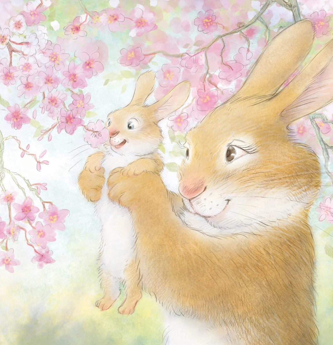 'Mommy Loves You!' children's book children's picture book illustrated page with a mother and baby rabbit under cherry blossom trees.