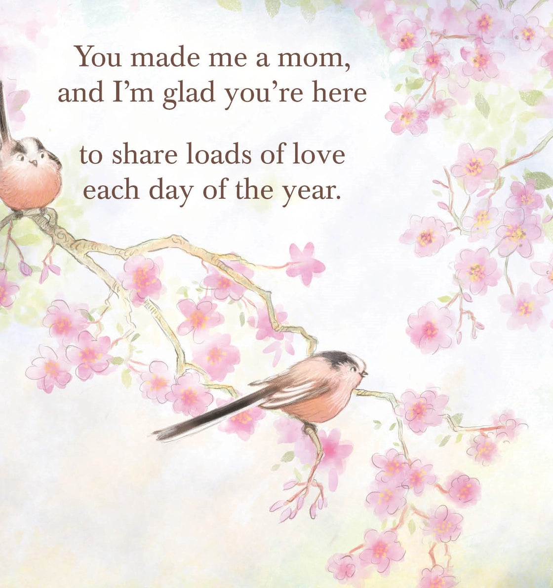 'Mommy Loves You!' children's picture book illustrated page with birds on a branch and pink flowers, featuring a message of a mother's love .