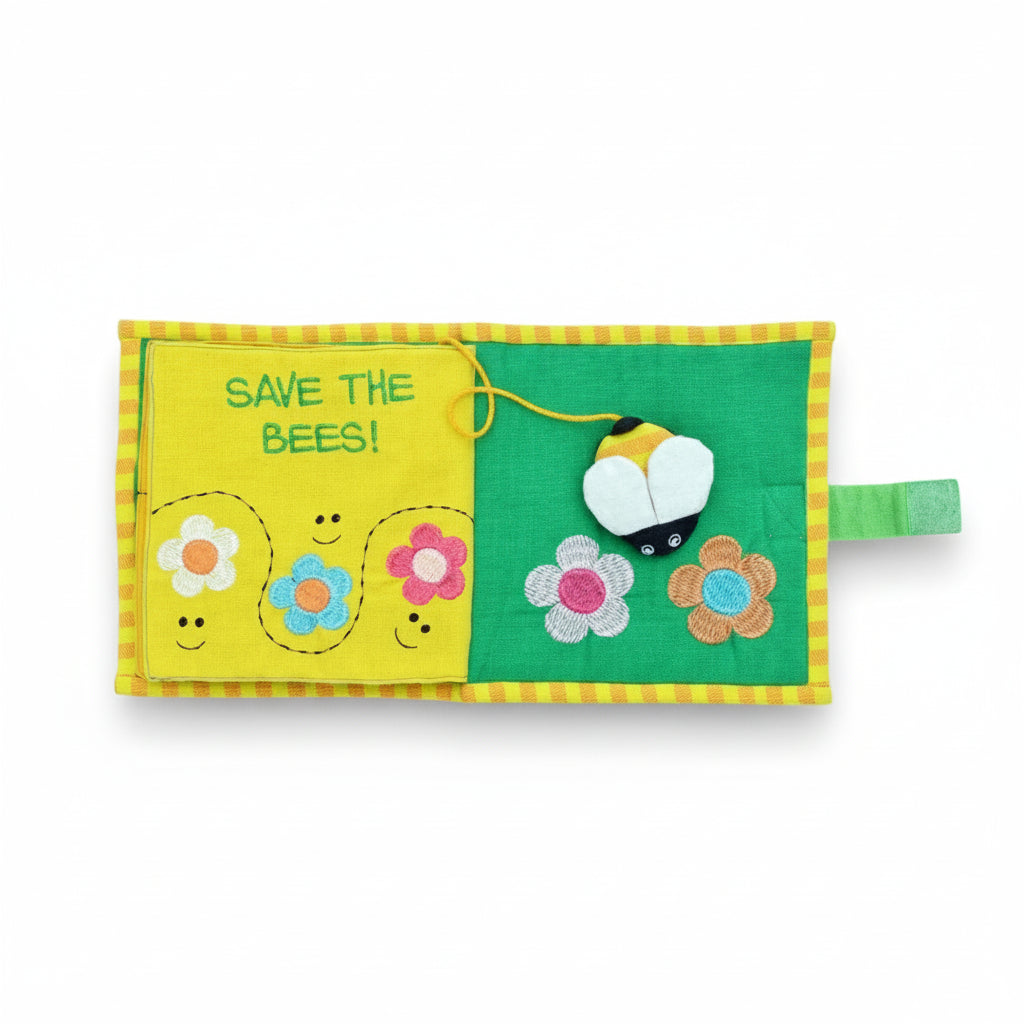 Baby and toddler Save the Bees fabric picture book with a plush bee and flowers 