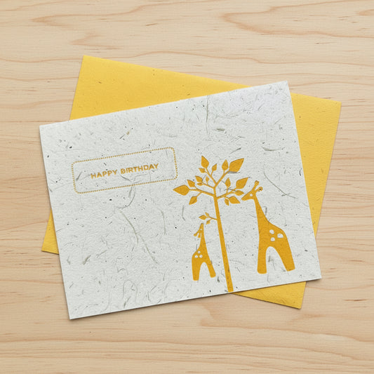 Letterpress Happy Birthday Greeting card with yellow giraffe illustrations on handmade paper