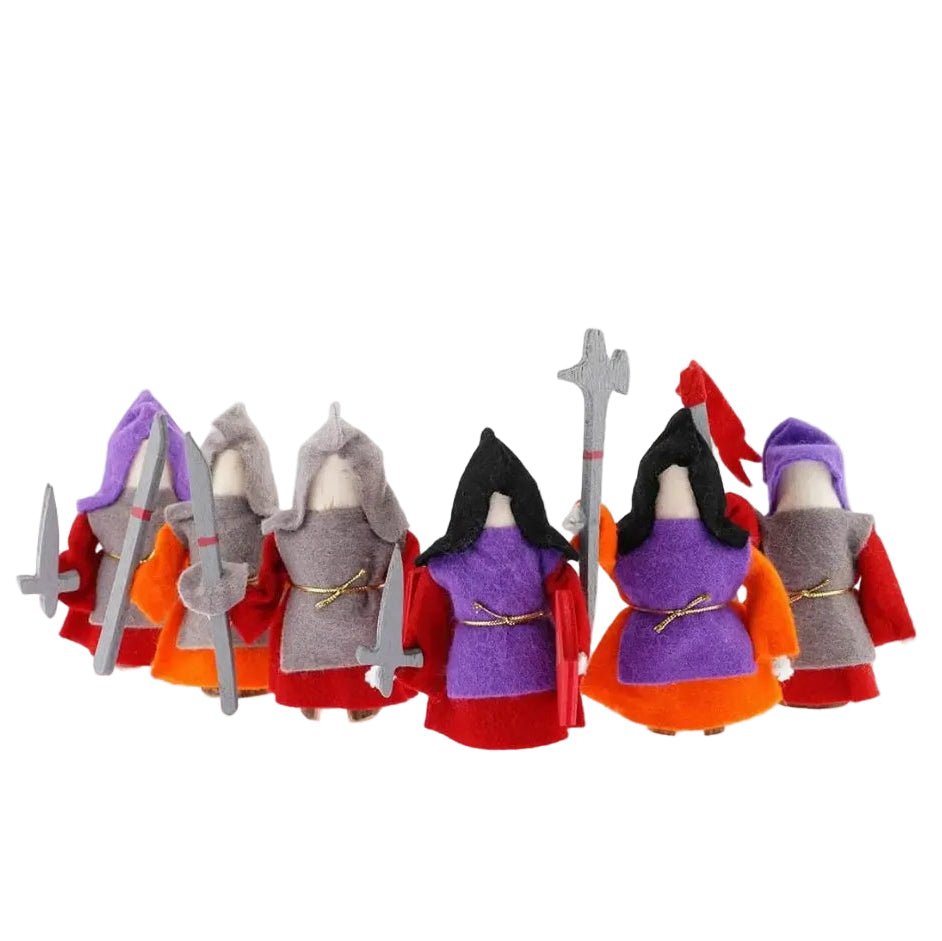 Set of six wooden toy small world knights with weapons in red and purple