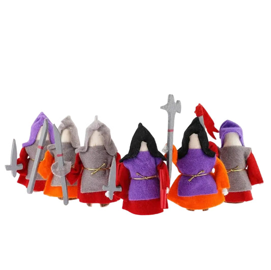 Set of six wooden toy small world knights with weapons in red and purple