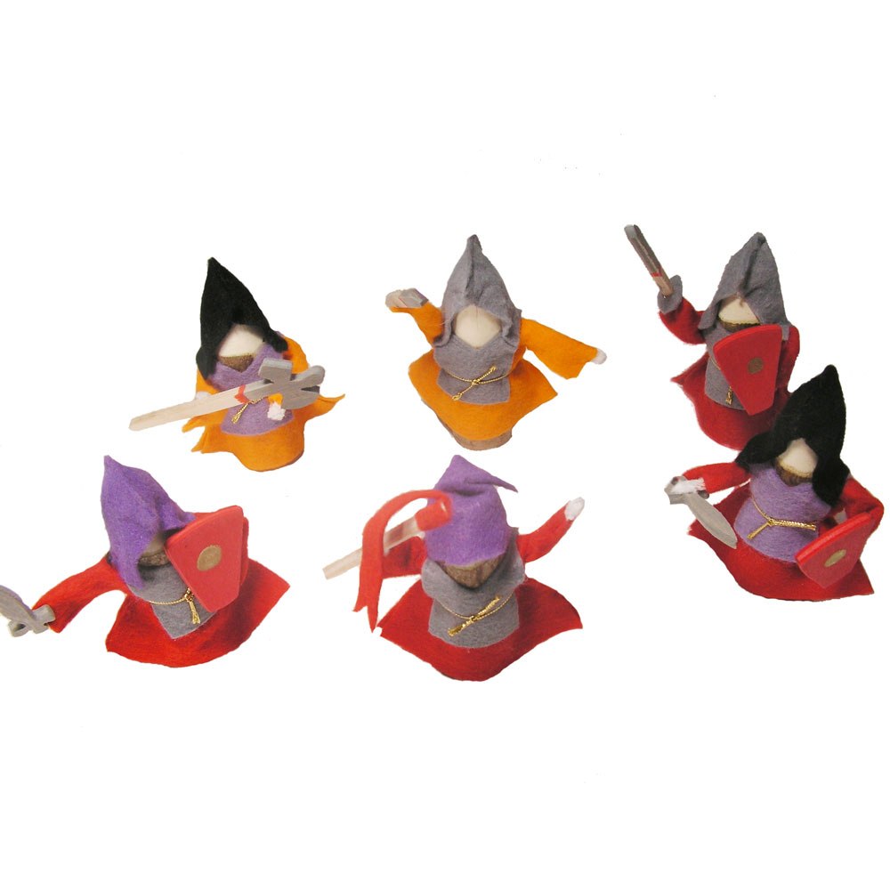 Set of 6 Magic Wood small world knights with weapons and colorful hats and robes 